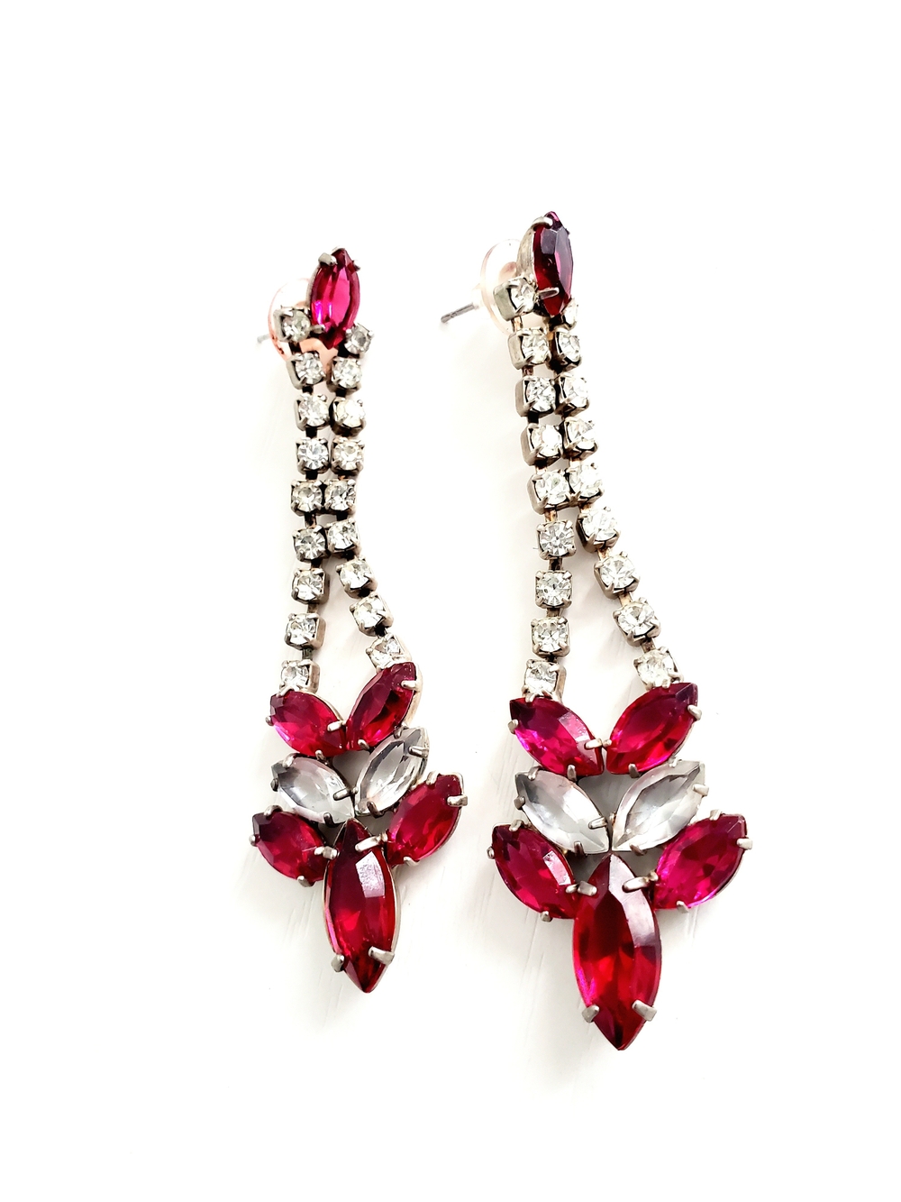 Silver Drop Earrings with Fuchsia Crystal Clusters
